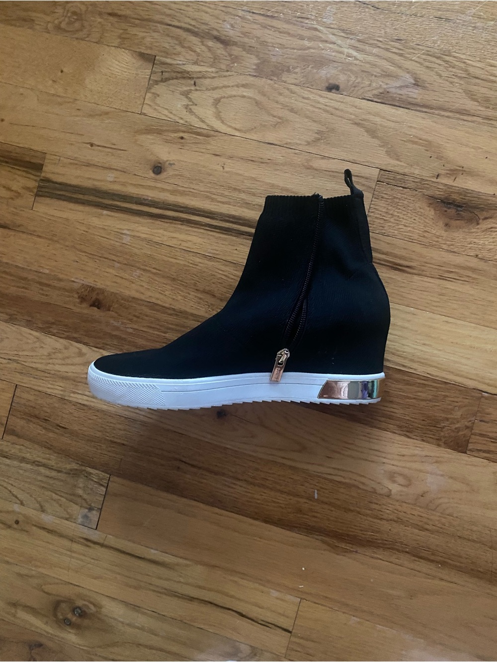 DKNY Black Knit Wedge Sneaker Boot with Metallic Accent